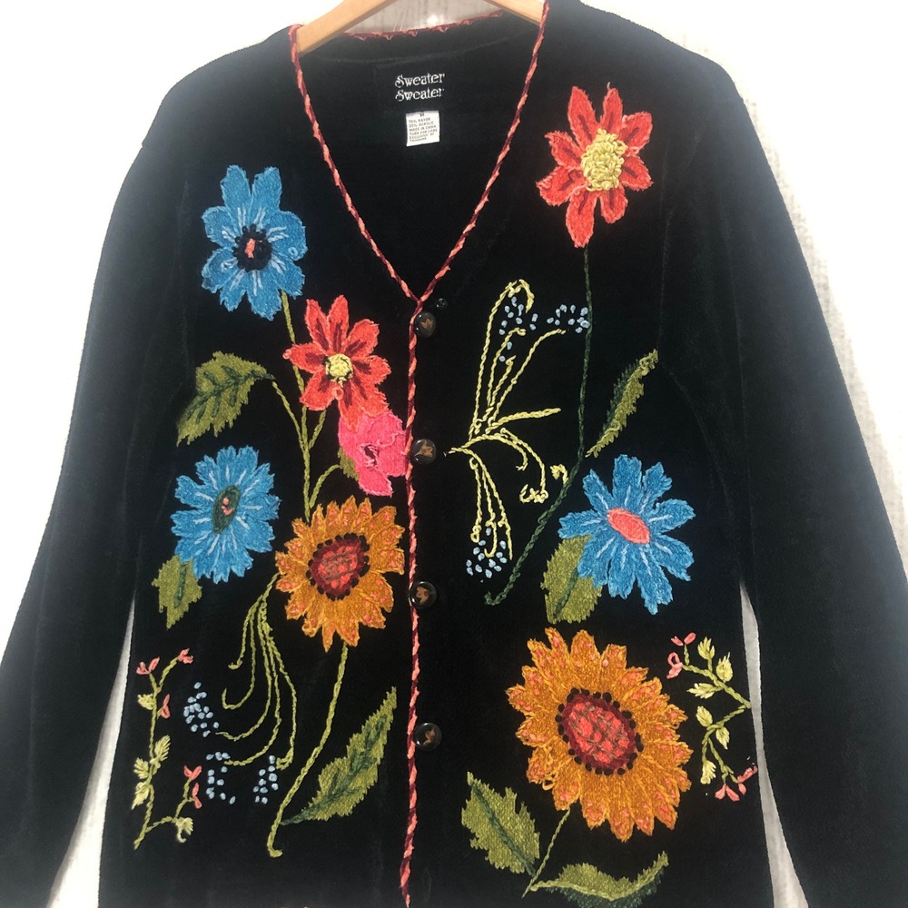 Sweater Sweater Black Floral Embroidered‎ Corduroy Cardigan Womens Medium